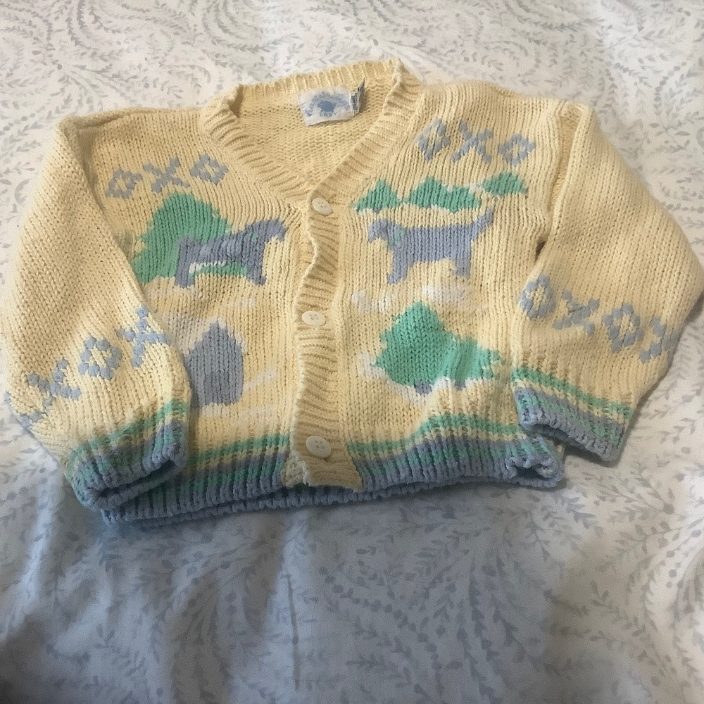 Yellow Knit Cardigan with Dogs Sweater Size 24 Mo.